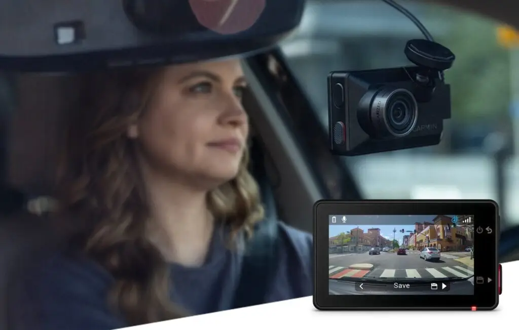 Garmin Dash Cam X series mounted on a windshield with a close-up of the camera and its recording screen