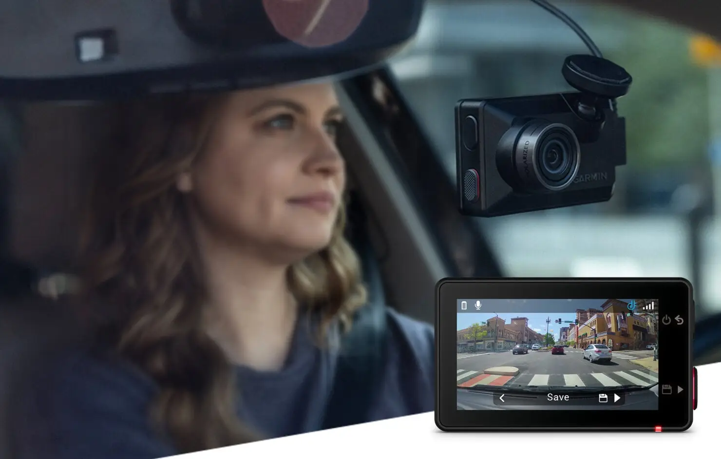 Garmin Dash Cam X series mounted on a windshield with a close-up of the camera and its recording screen