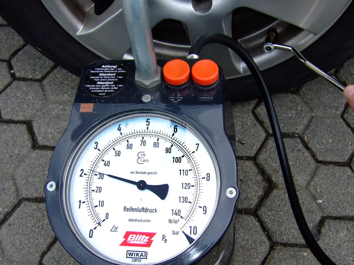 Analog tire pressure gauge with bar and psi scales beside a car wheel and valve stem.