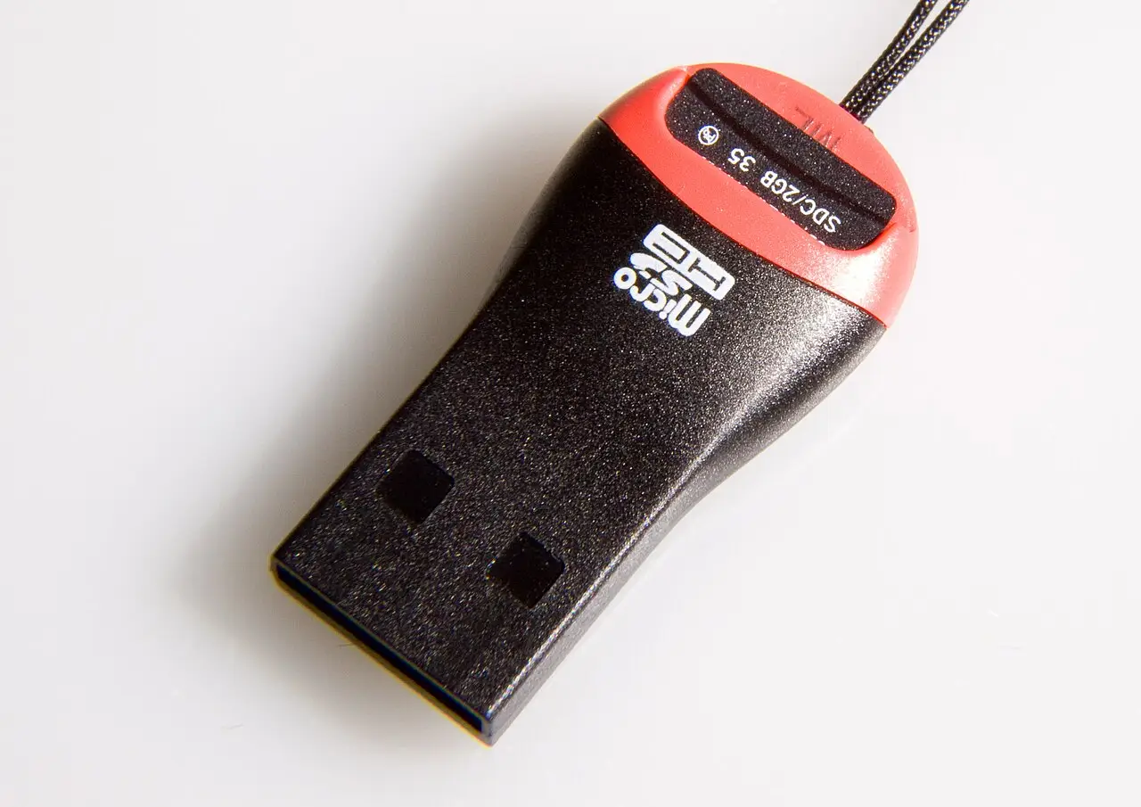 A microSD card inserted in a SanDisk card reader.